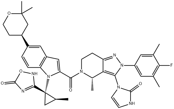 3-[(1S,2S)-1-[2-[[(4S)-3-(2,3-Dihydro-2-oxo-1H-imidazol-1-yl)-2-(4-fluoro-3,5-dimethylphenyl)-2,4,6,7-tetrahydro-4-methyl-5H-pyrazolo[4,3-c]pyridin-5-yl]carbonyl]-5-[(4S)-tetrahydro-2,2-dimethyl-2H-pyran-4-yl]-1H-indol-1-yl]-2-methylcyclopropyl]-1,2,4-oxadiazol-5(2H)-one 结构式